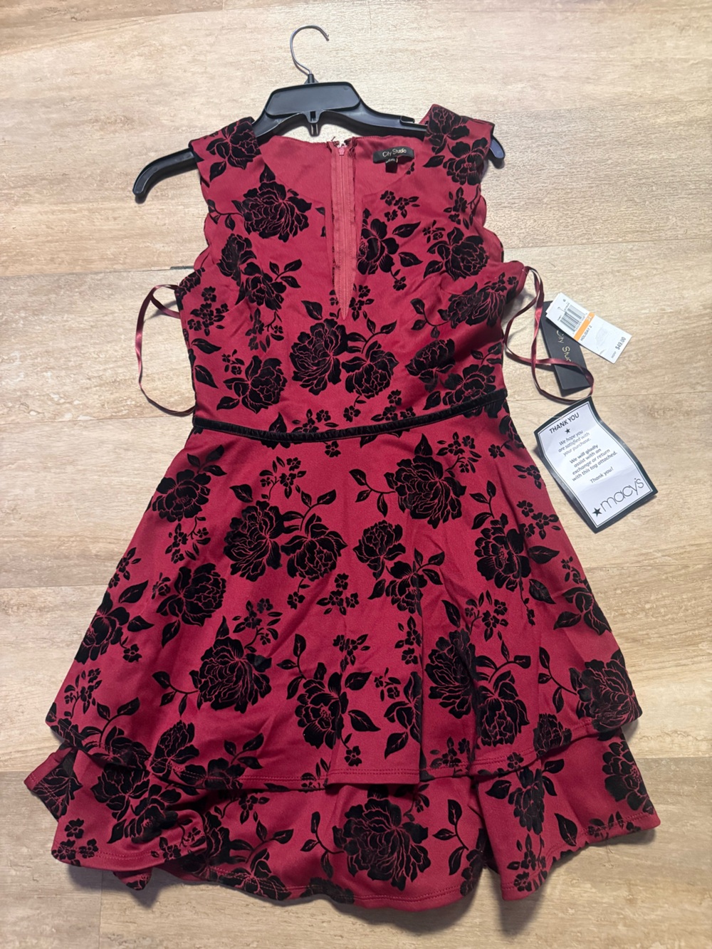 City Studio Red Floral Velvet-Trim Slip Dress